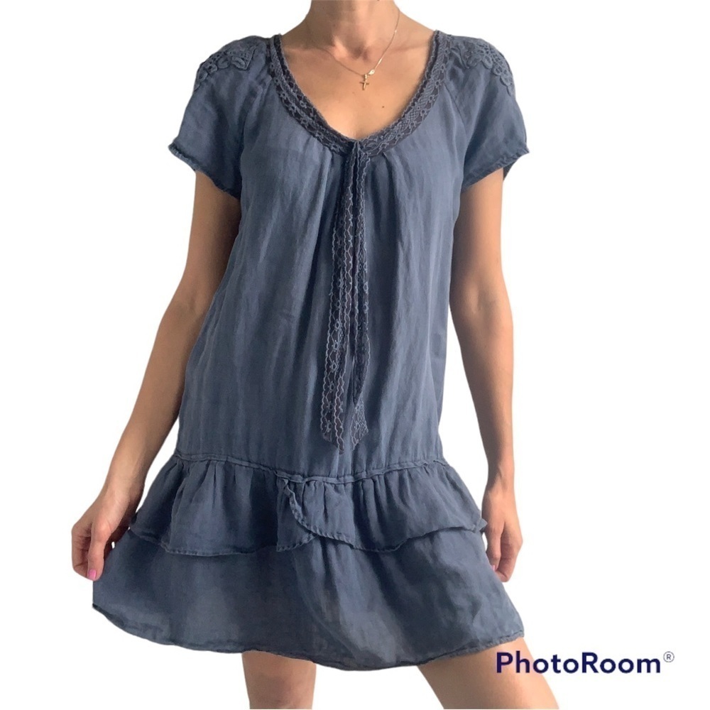 Zara Blue Short Sleeve Mini Dress with Lace Trim